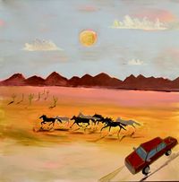 square canvas art features running horses, distant mountains, warm desert colors, and a red vehicle.