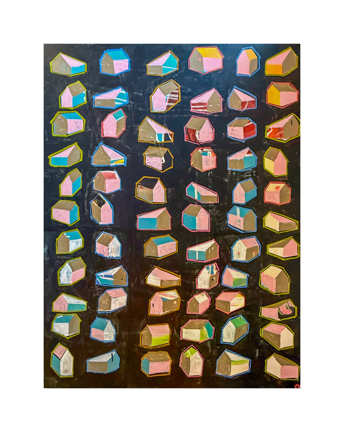 geometric wall print with repeated abstract shapes against a dark background