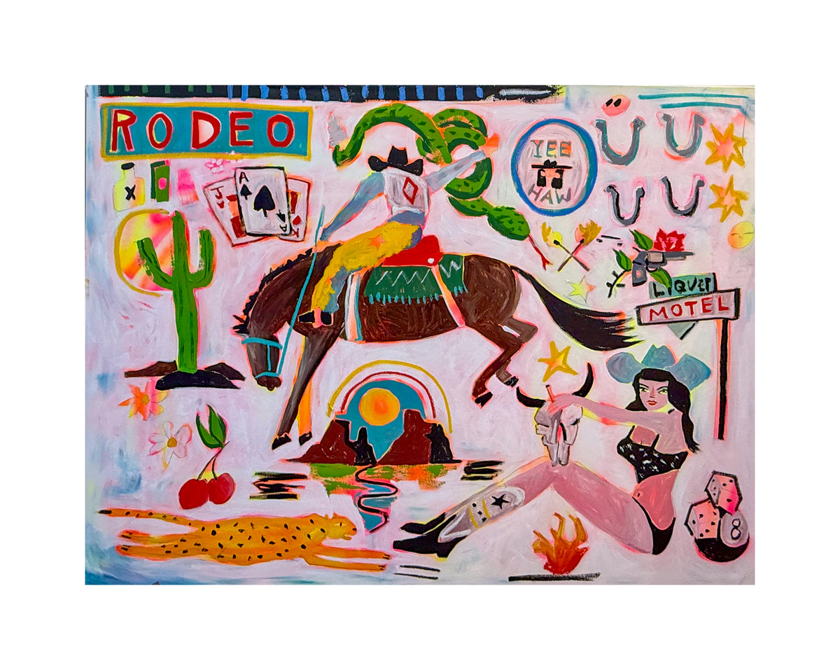 southwest art print with horseback rider, cactus, Western symbols, stars and playful graphic details.