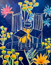 floral artwork canvas with vase and chairs surrounded by garden-inspired details.