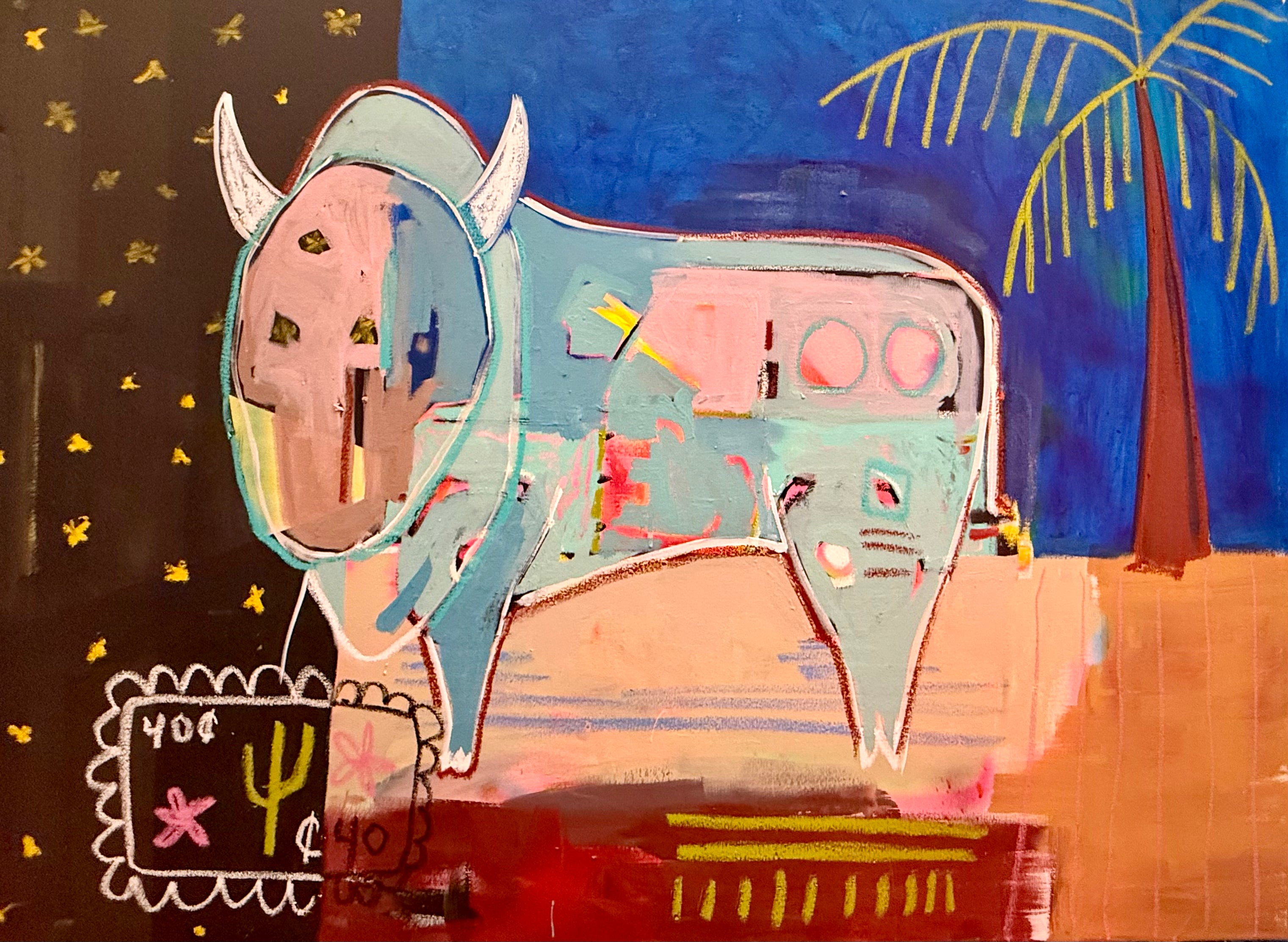 Abstract artwork with a stylized bull and colorful background.