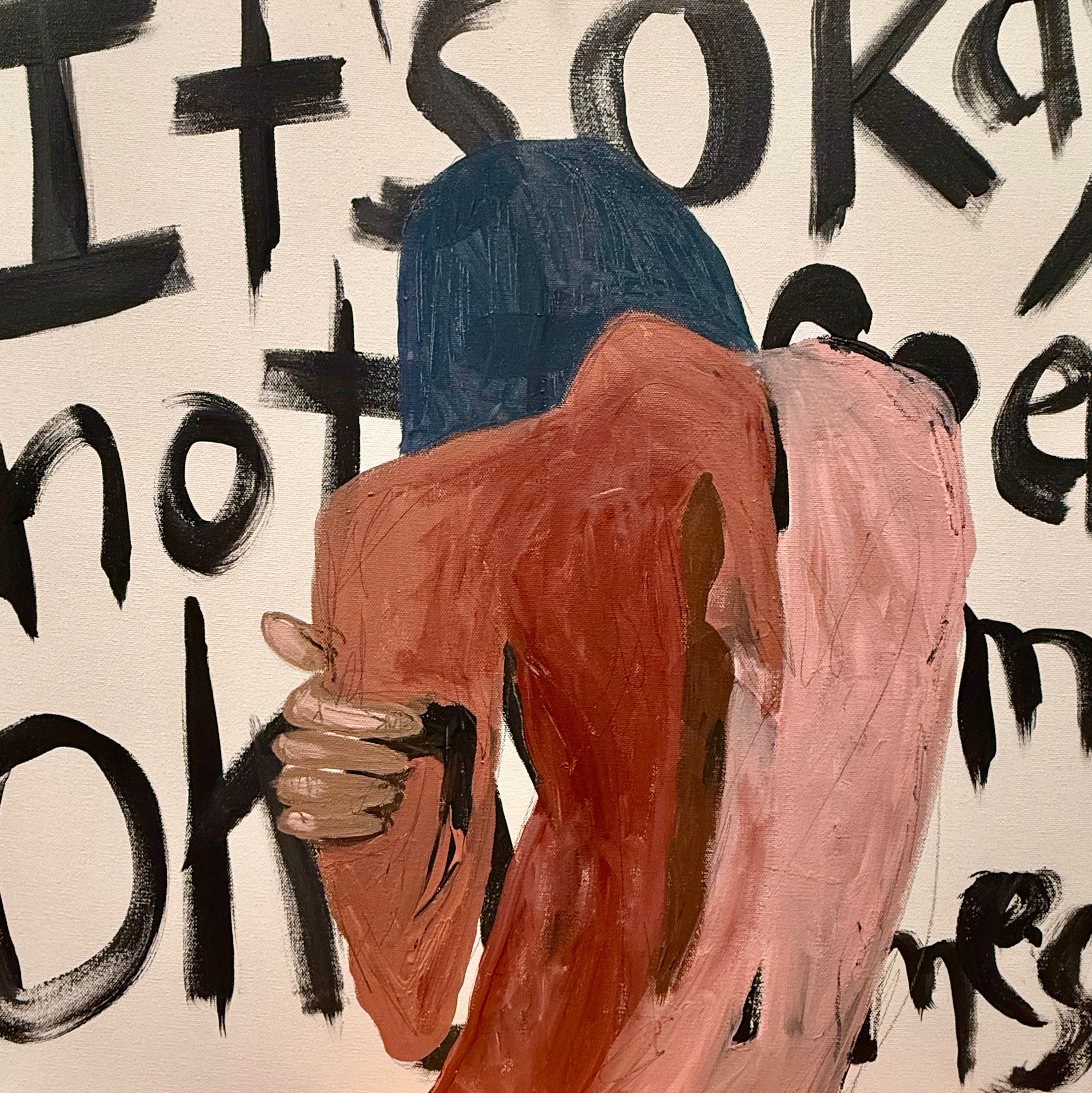 Abstract painting of figure with a blurred face against a background with text.
