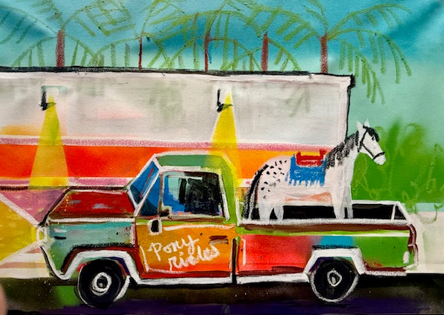 “Artistic painting with natural colors capturing childhood joy, simple pleasures, and timeless memories — Pony rides for cheap but great memories.”