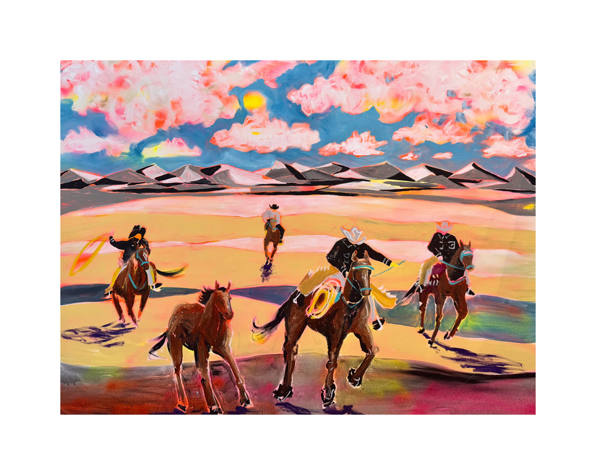 horse racing print with horseback riders, horses, mountains and vibrant pink and blue sky.