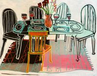 A colorful painting of a dining table set with plates, glasses, and silverware.