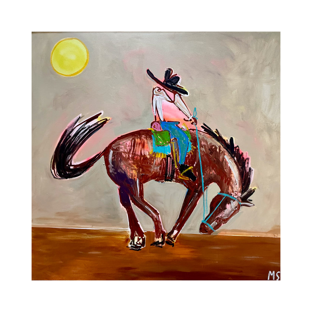 cowgirl art print featuring a colorful horse and rider beneath a yellow sun.