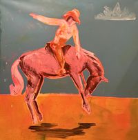 Contemporary equestrian painting of a rider on horseback against a warm orange landscape.