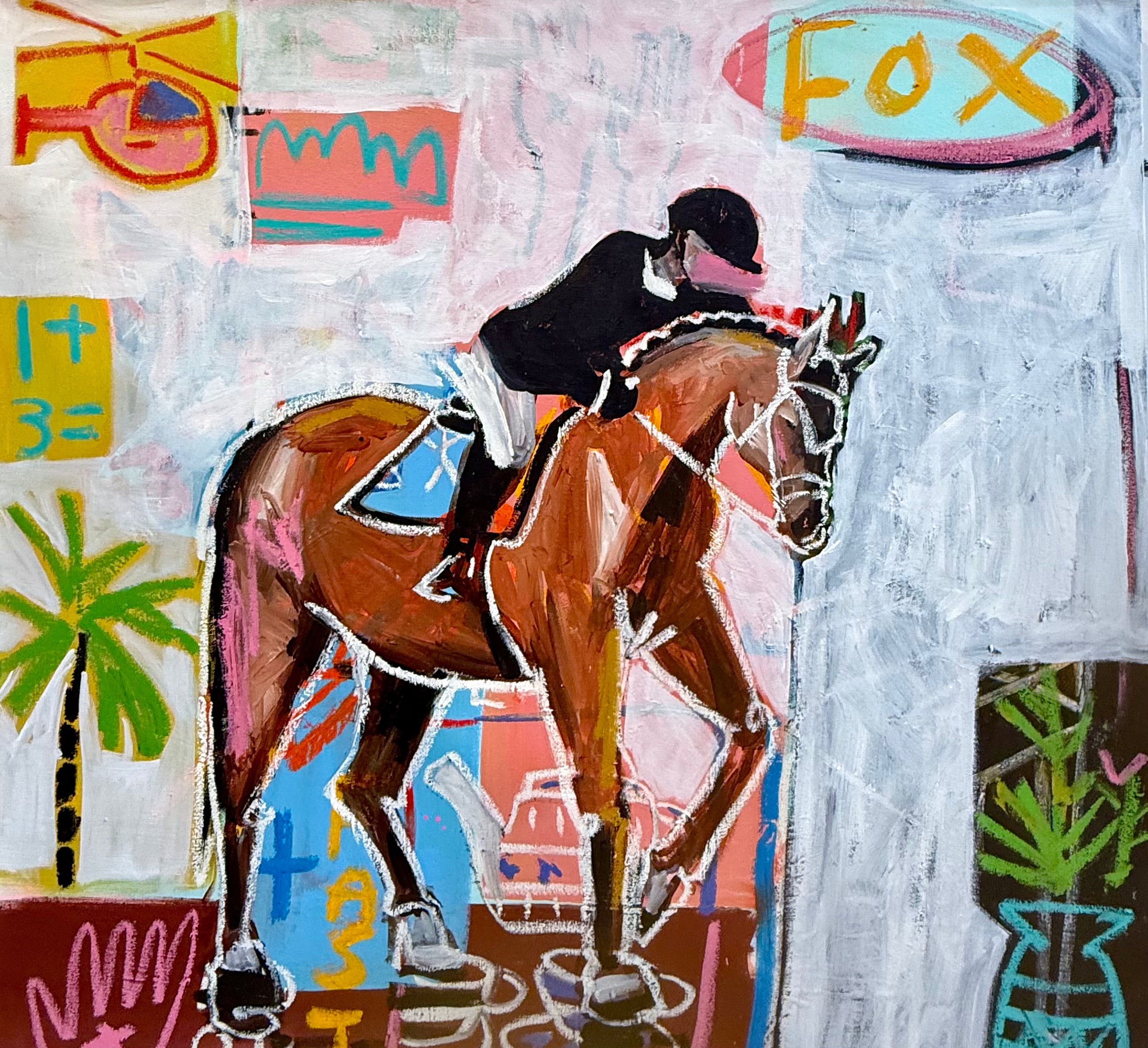 Colorful abstract painting with a horse and rider in the foreground.