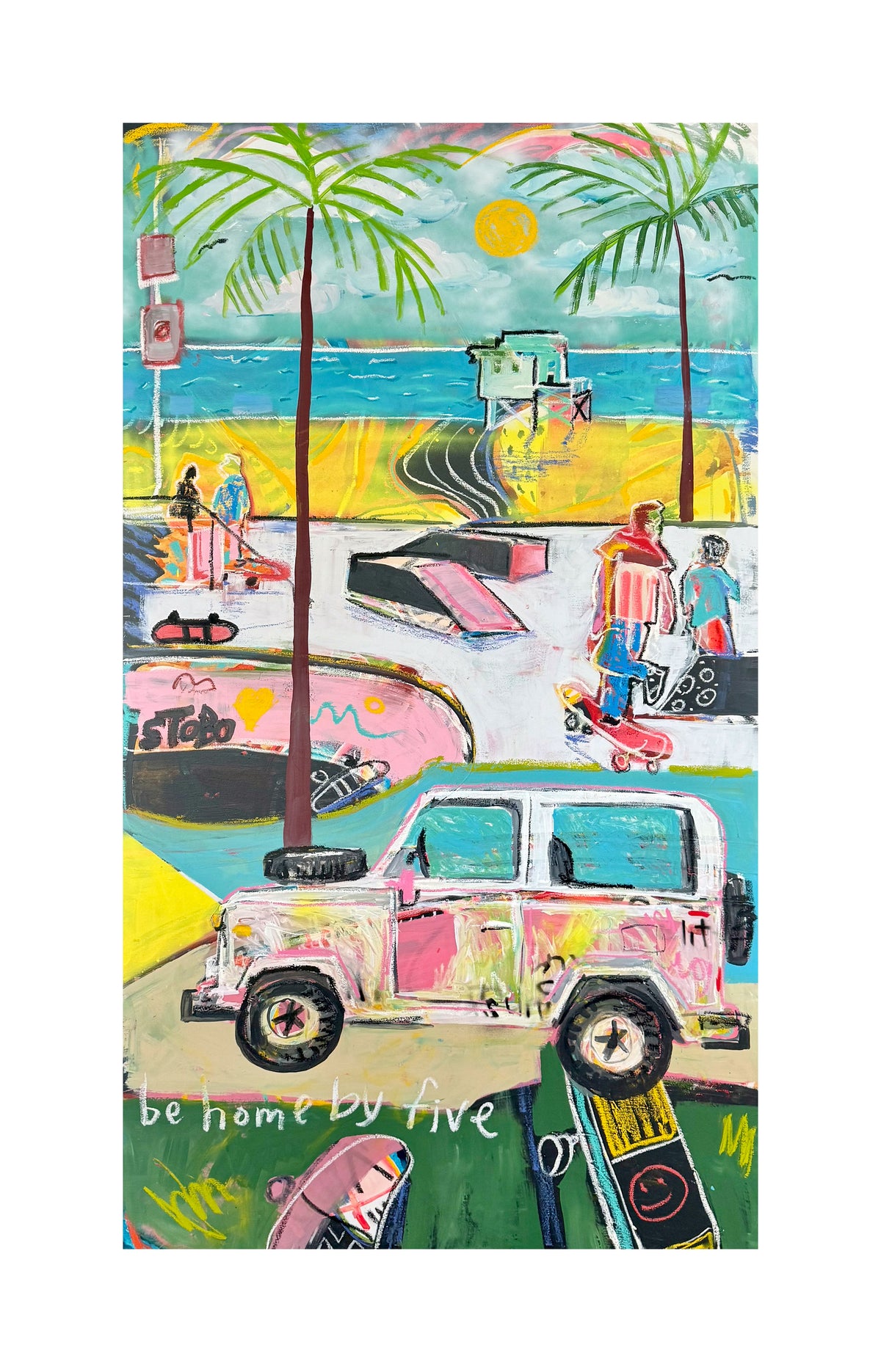 beach wall print with palm trees skateboards vintage vehicle.