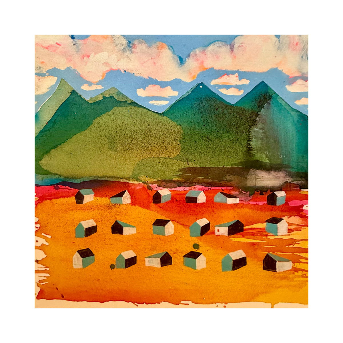 nature art print with green mountains, small town, clouds and warm landscape.