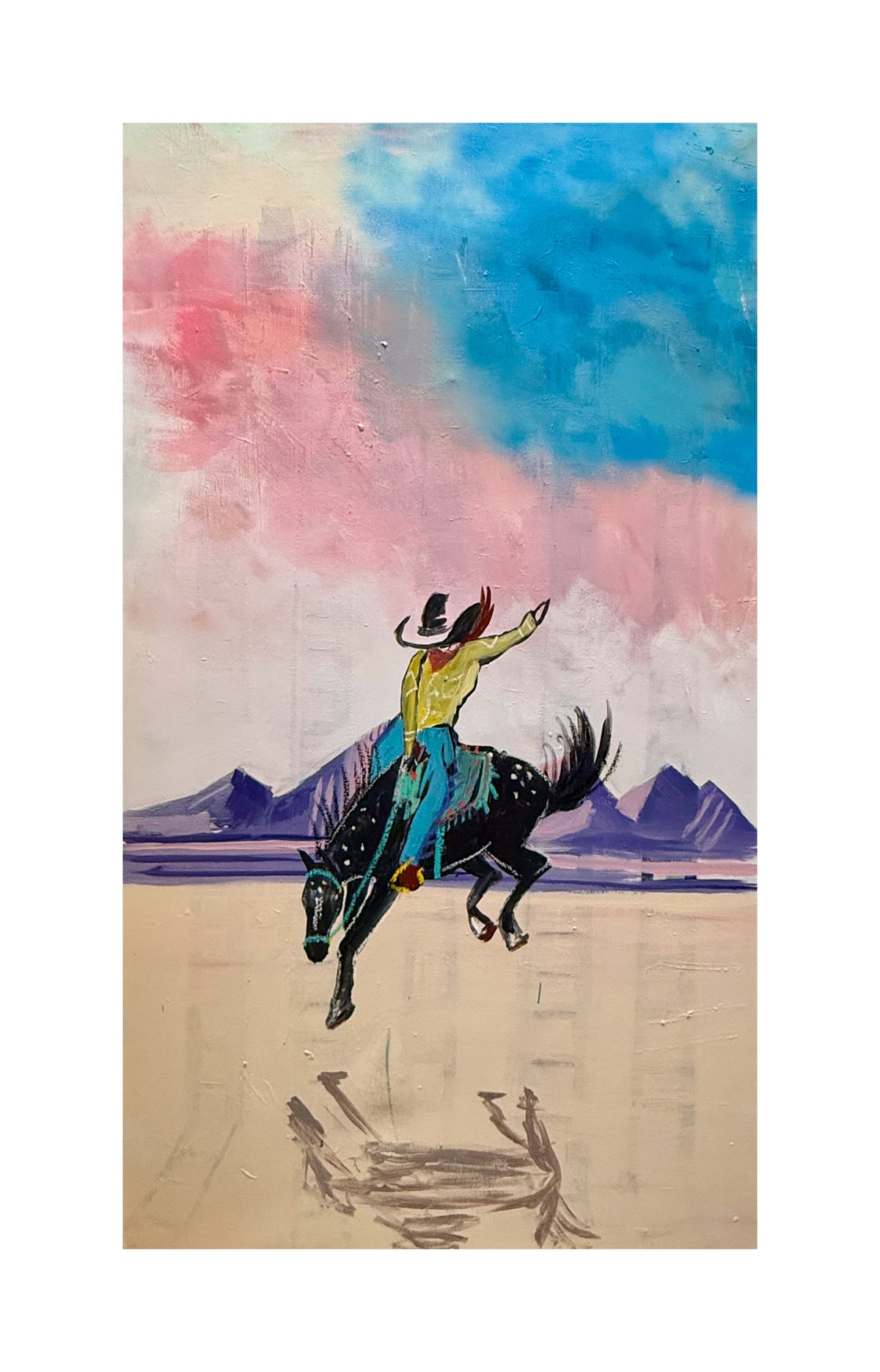 black horse print titled soft and brave showing a cowboy riding a dark bucking horse under a pink and blue sky on paper.