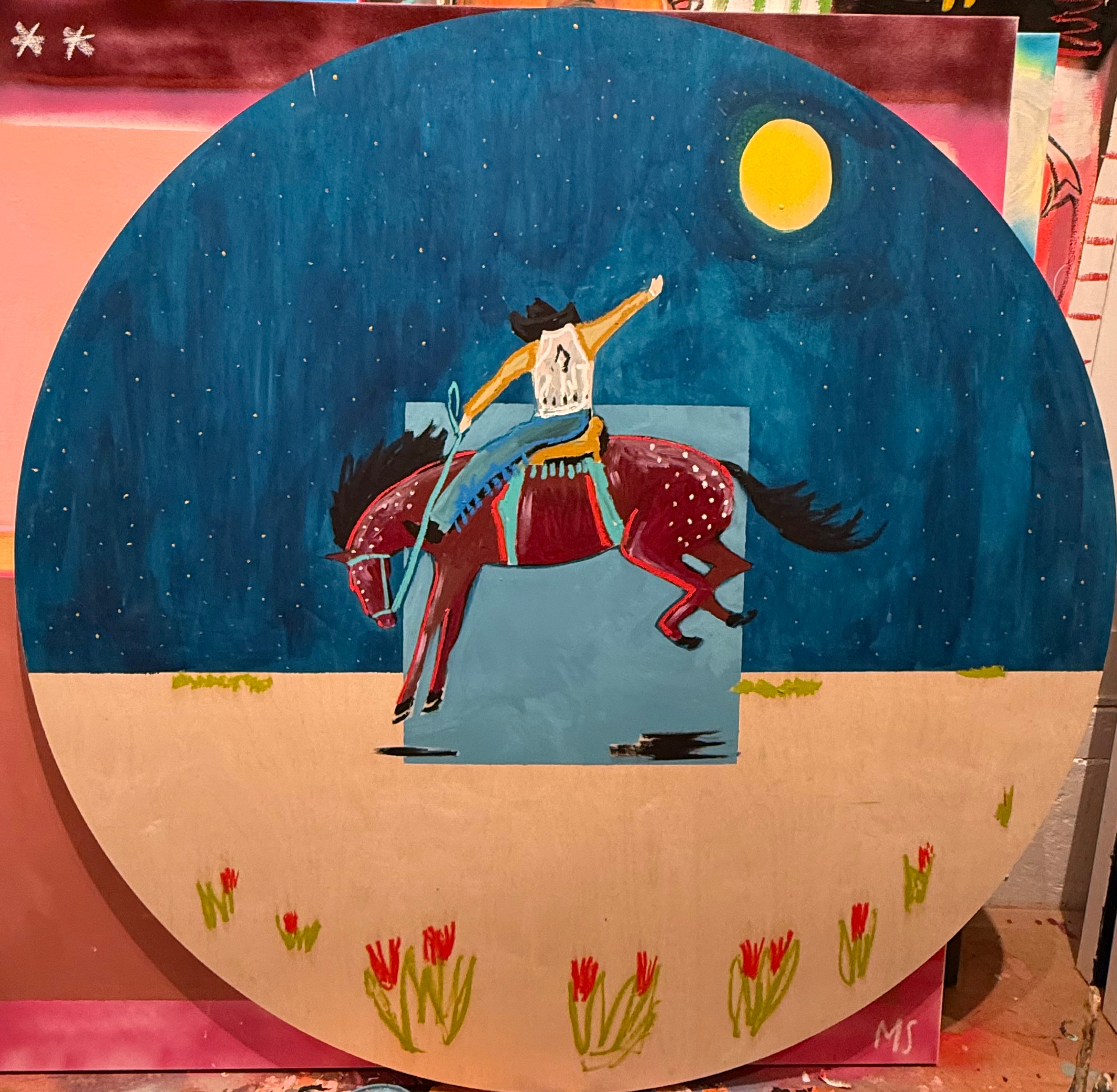  Equestrian Painting of a cowboy riding a horse under a moonlit sky with a colorful background.