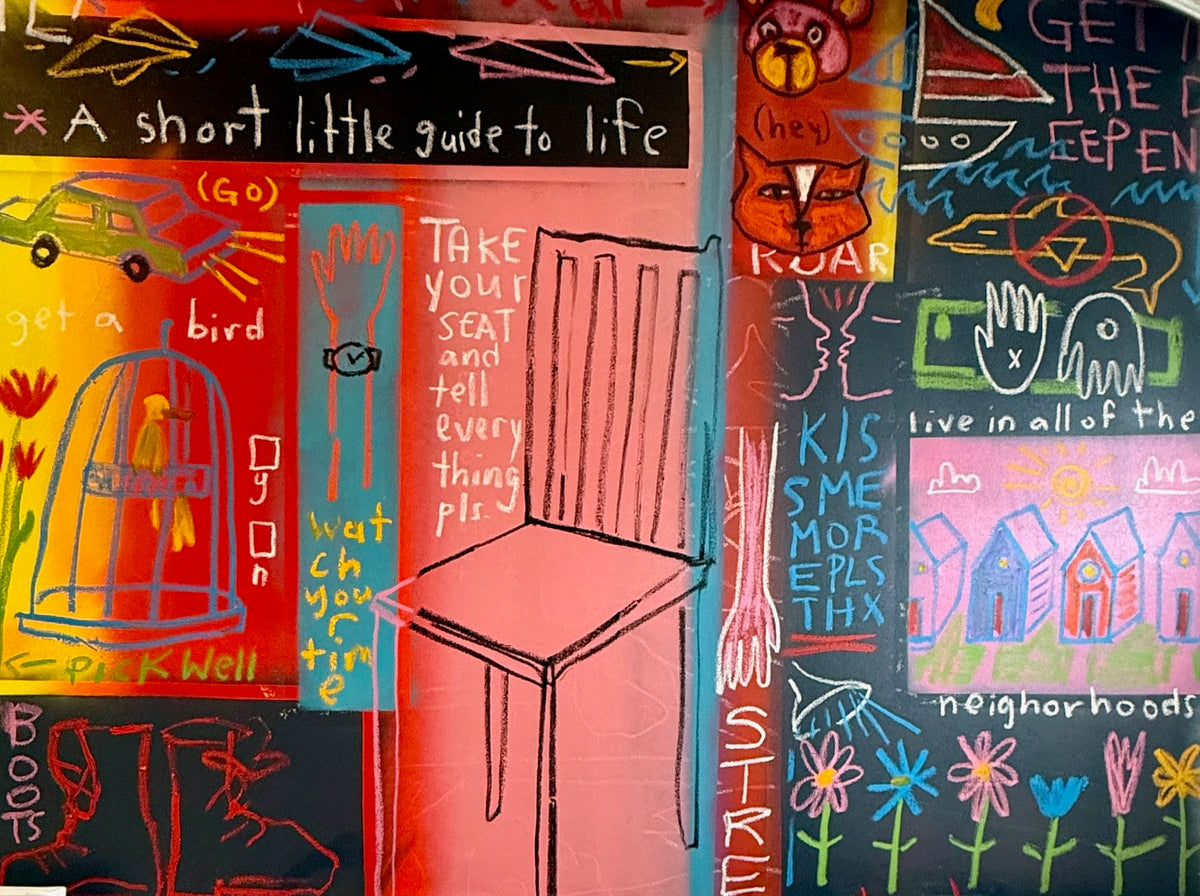 inspirational canvas wall art with various symbols and text, predominantly featuring red and yellow colors with a chair depicted in the center.
