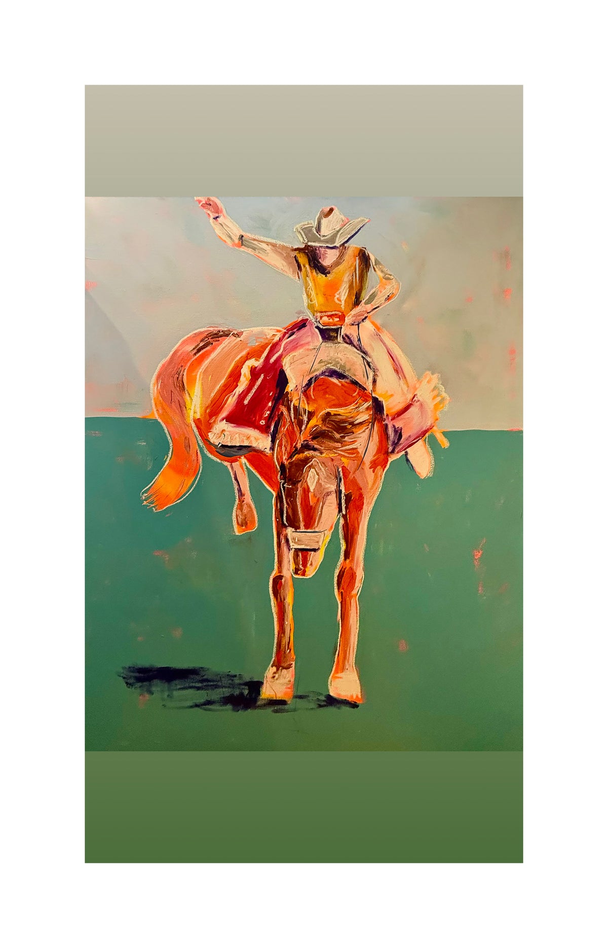 vintage cowboy  print featuring a horseback rider in vibrant orange blue and green tones.