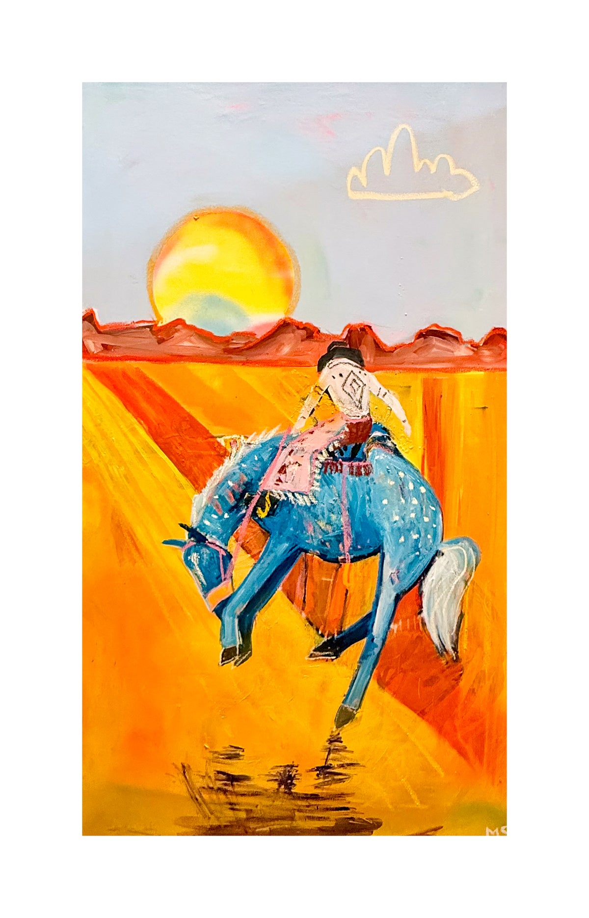 vintage horse art print titled sunrises new chapters showing a cowboy riding a blue bucking horse under a giant sunrise on paper.
