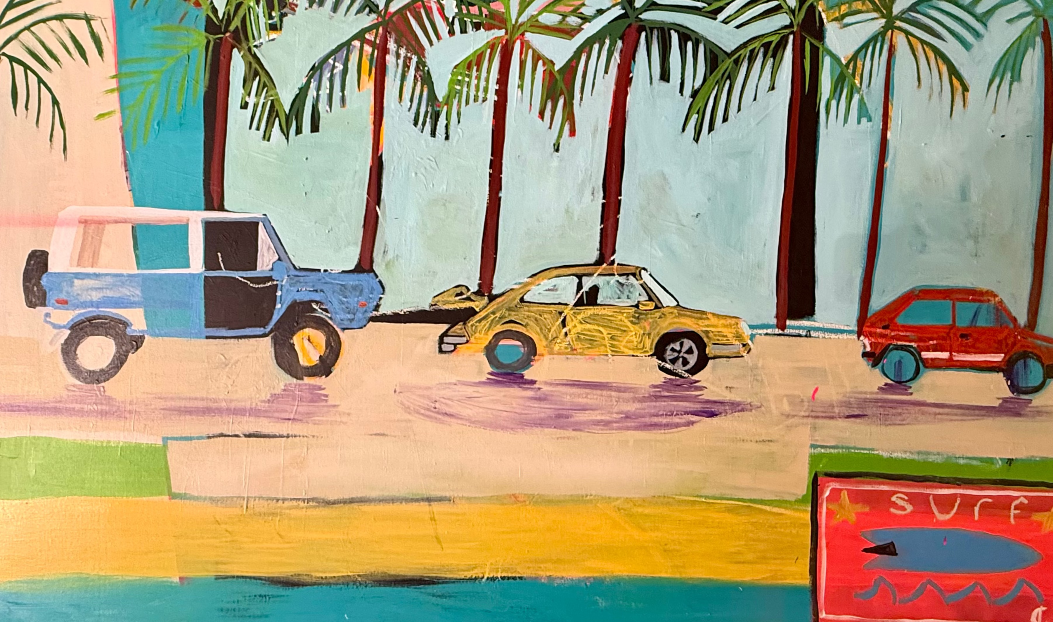 Colorful painting of cars on a beach with palm trees and a surfboard sign.