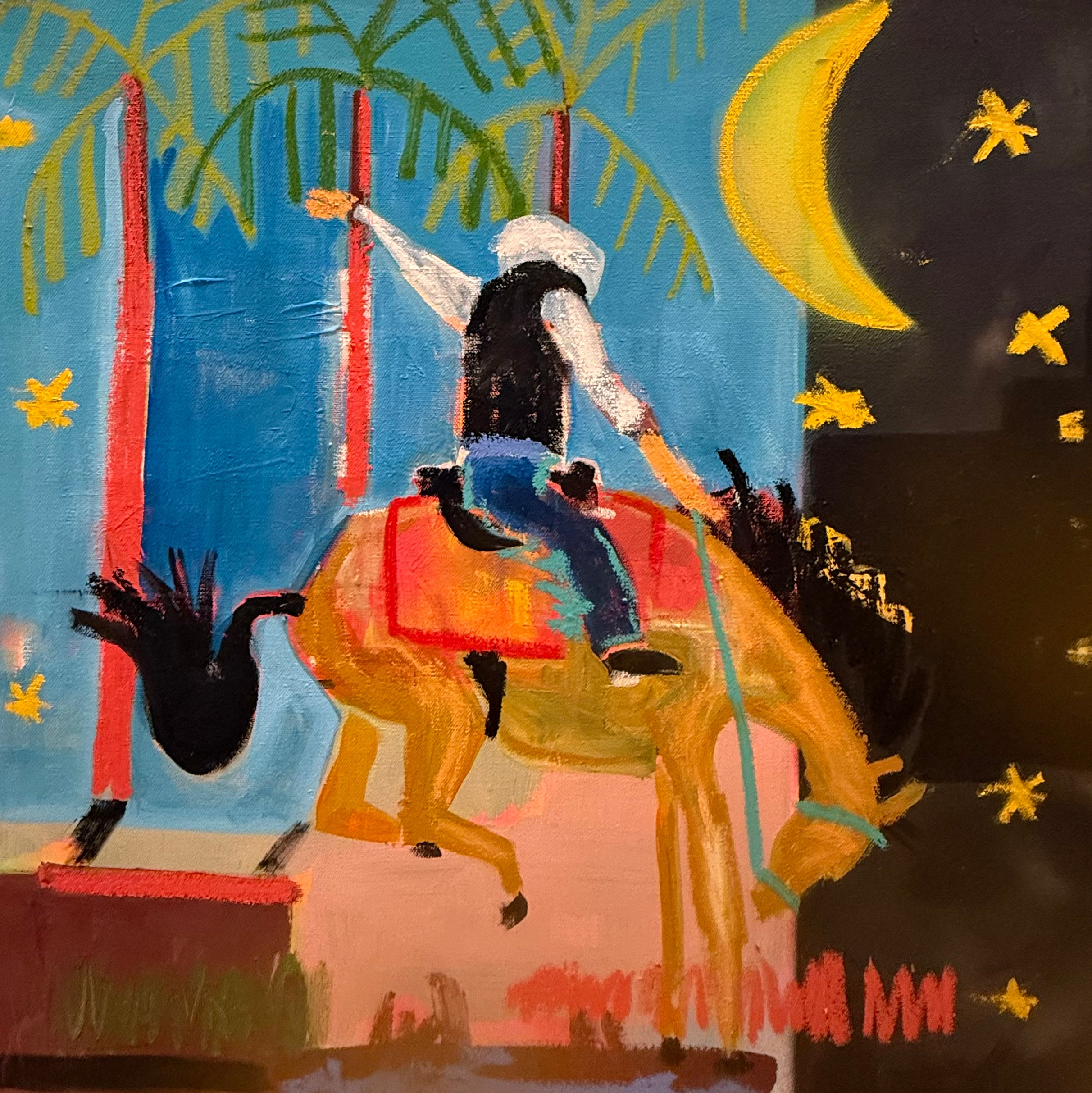 an original square surf western canvas art titled Surfs up cowboy showing a cowboy riding a horse near palm trees under a crescent moon.