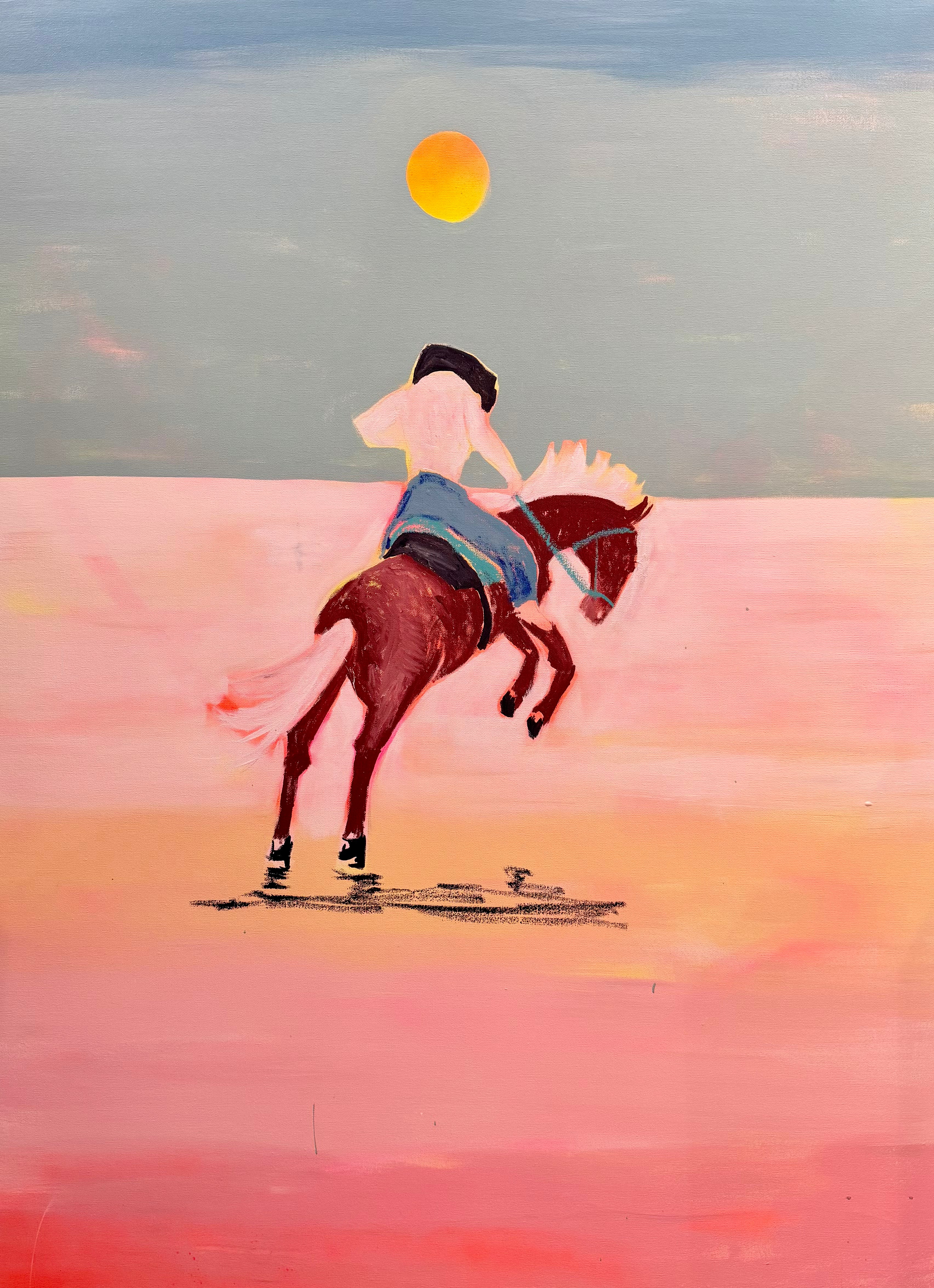 an original 30x48 western cowgirl painting titled sweet sundae dreams showing a female rider on a brown horse in a pink desert landscape under an orange sun.