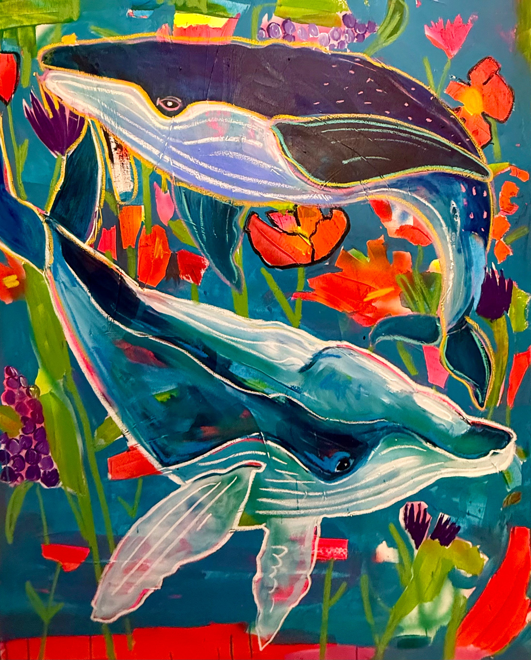 Colorful original painting of whales surrounded by expressive ocean and natural imagery.