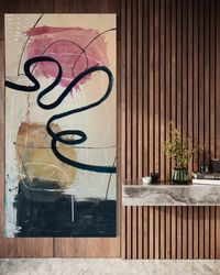 abstract acrylic painting on canvas with expressive black gestural lines and layered tones.