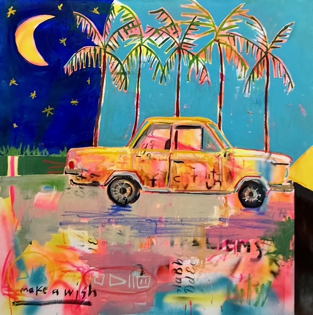 Whimsical night sky painting by Mandy Canada showing the star ,car and palm trees.