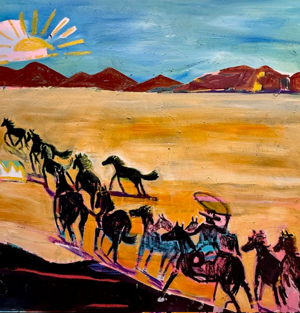 On a yellow ground, horses run joyfully with their friends under a clear sky, near the mountains and beneath the sun. 