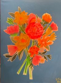 A canvas painting featuring a bright bouquet of orange and red flowers.