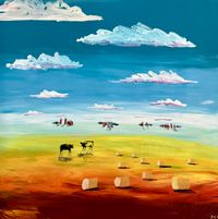 farm wall art on canvas depicting a landscape with clouds, fields.
