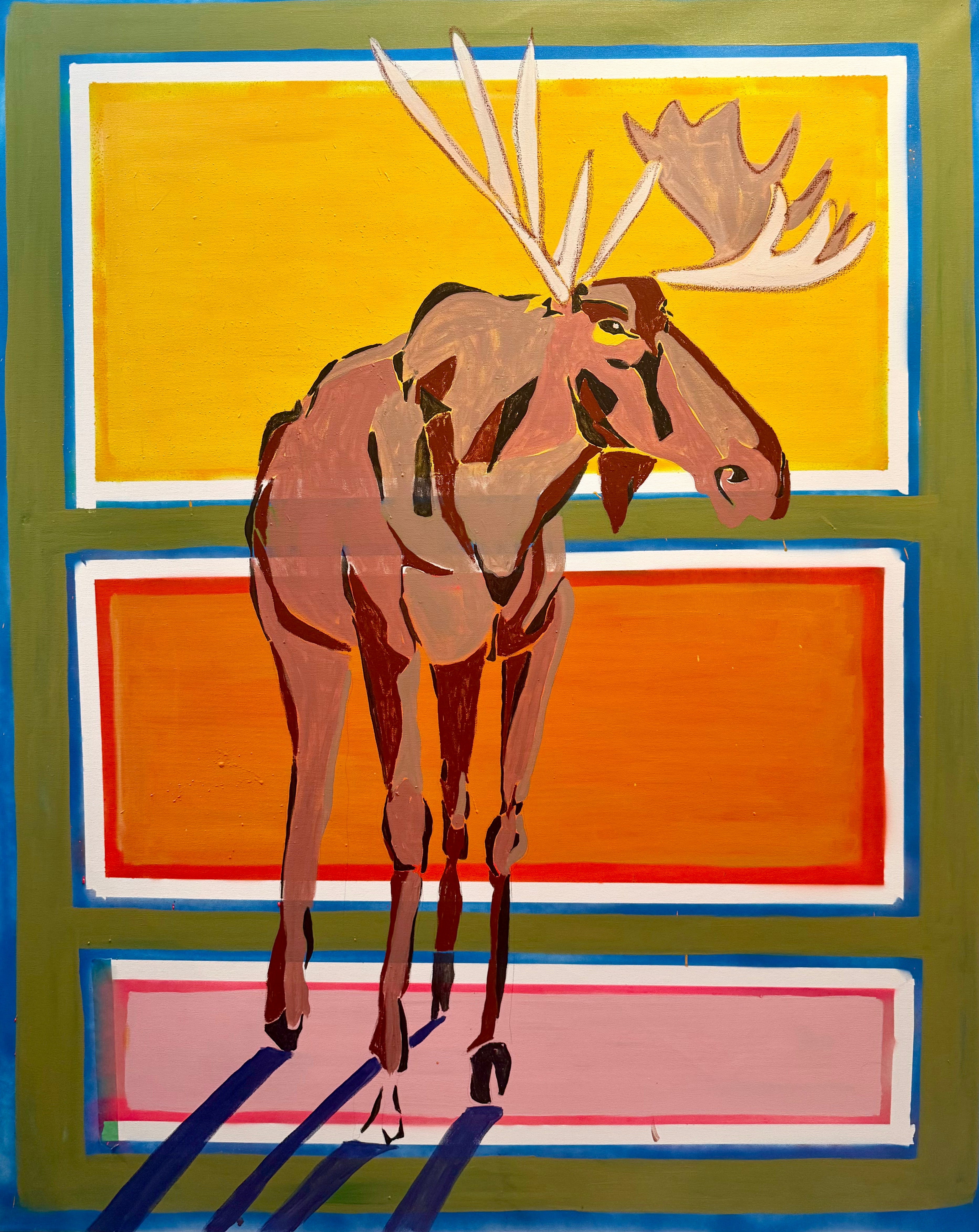 Woodland Animal Art showing a moose against colorful geometric panels, created with acrylic, oil stick and spray paint on canvas.