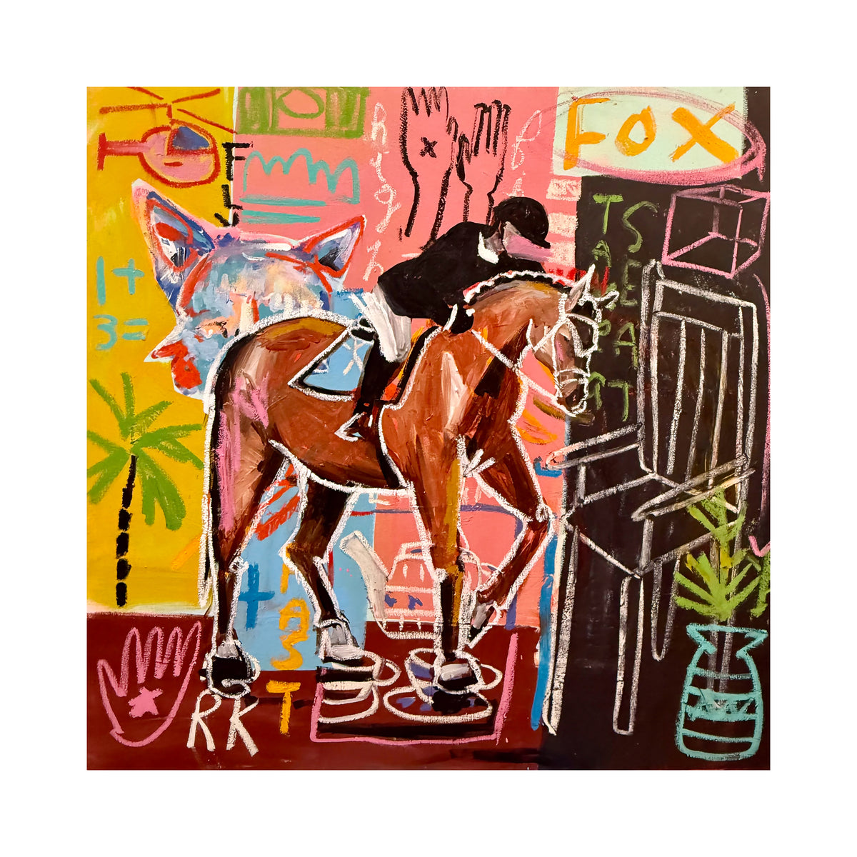 gallery wall print titled time for tea showing an equestrian rider on a brown horse with graffiti and street art details on paper.