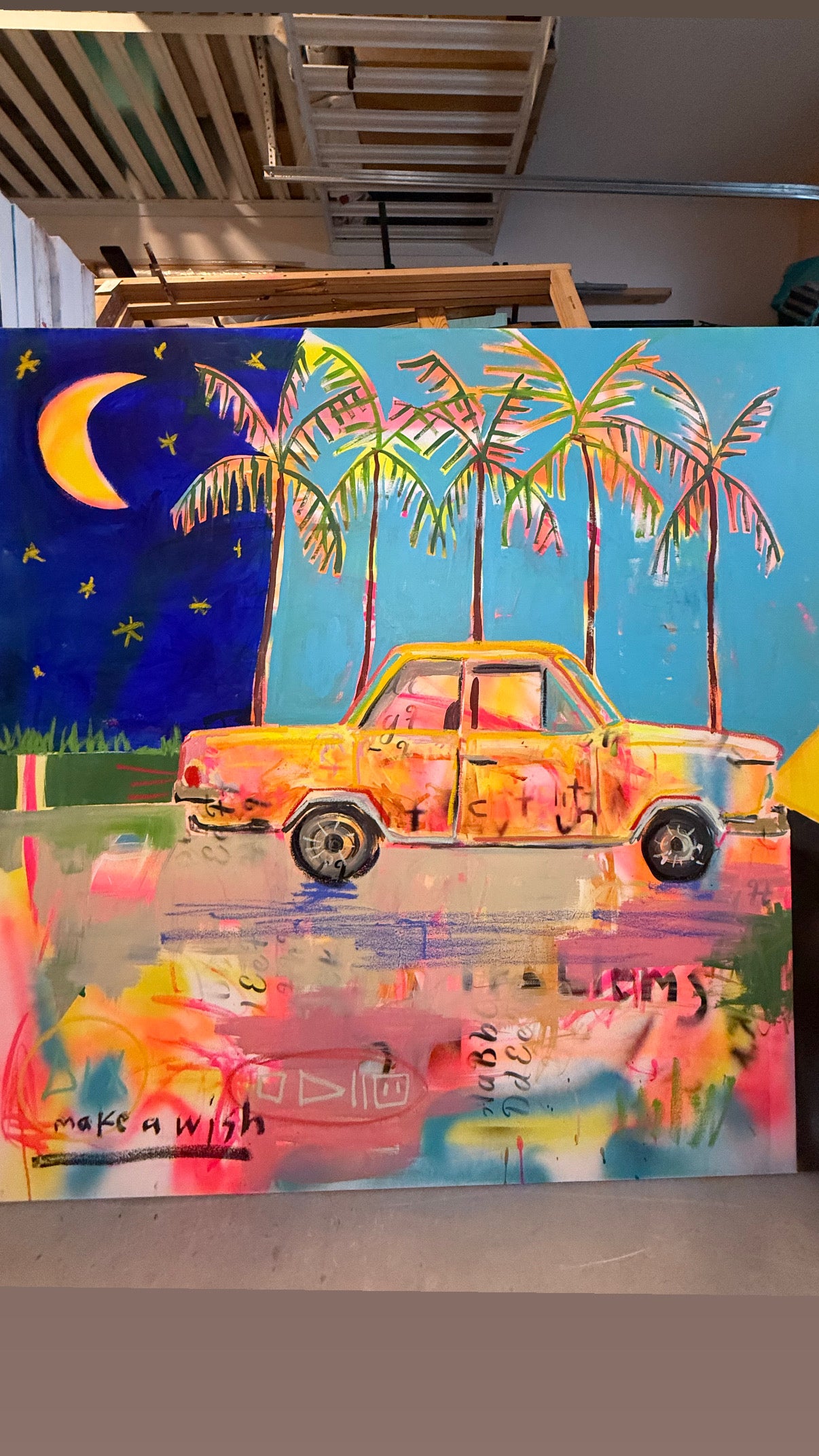 vibrant pop art canvas titled take me outta here showing a yellow vintage car under palm trees and a crescent moon.