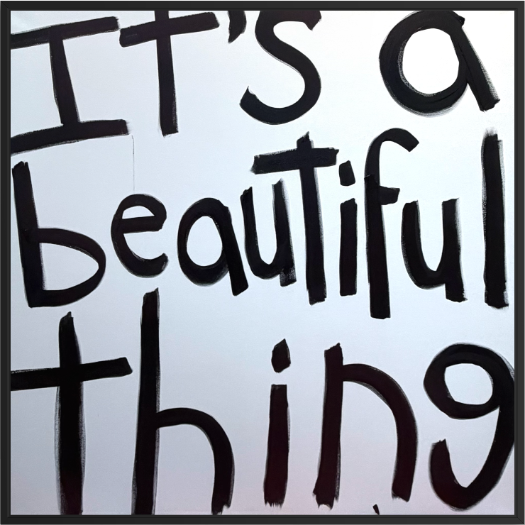 Original typography painting featuring bold handwritten text, created with acrylic and spray paint on canvas.