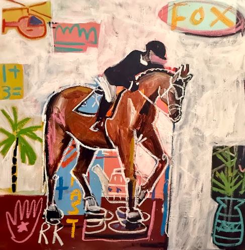an original 36x36 horseback riding art titled time for tea showing a rider on a brown horse.