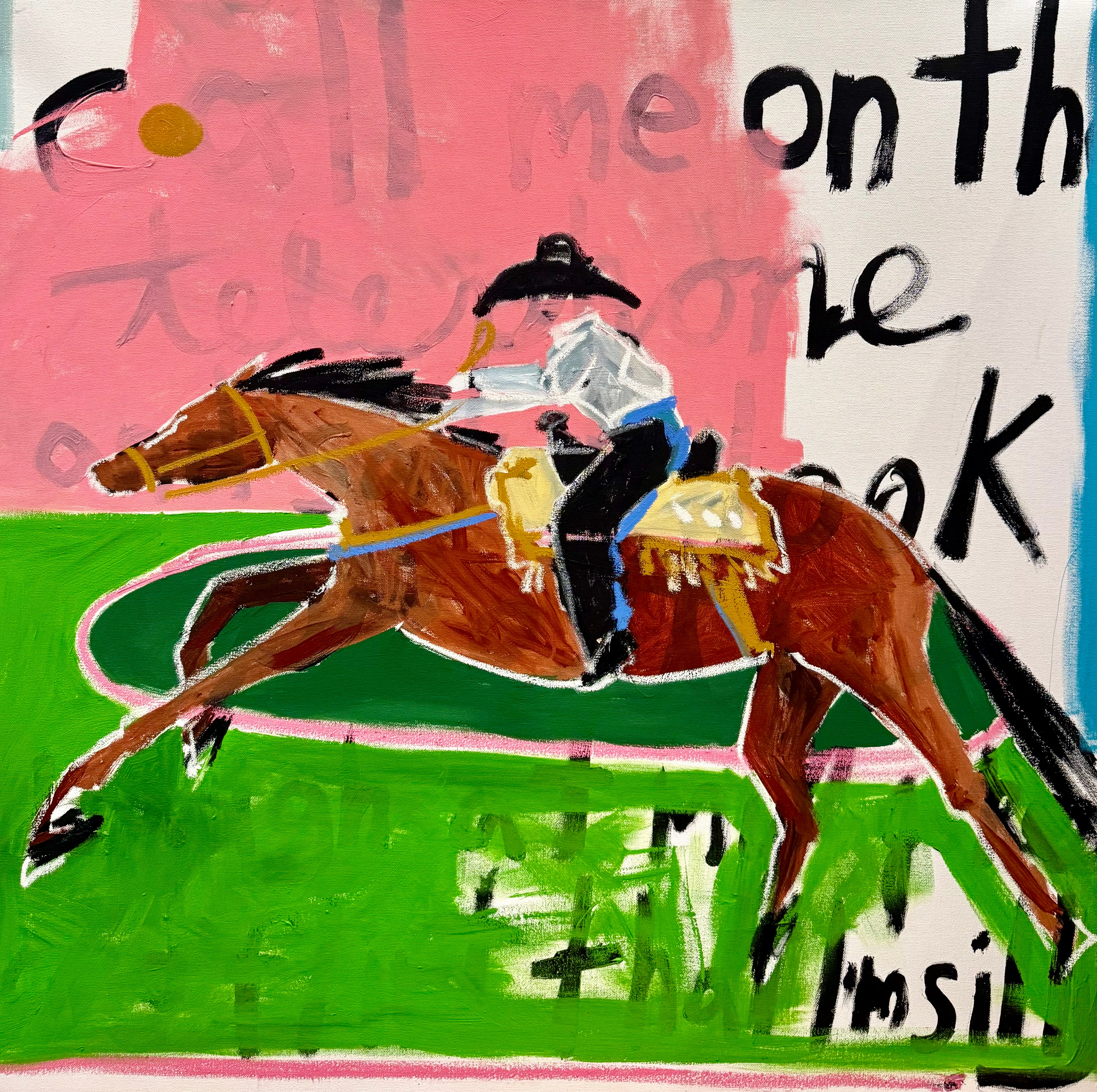 Horse and Rider Painting featuring a rider on horseback in a vivid green landscape with expressive colorful marks.