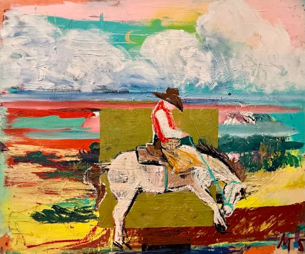 Western Equestrian Art showing a rider on a white horse in a colorful expressive landscape, created with acrylic and ink on panel.