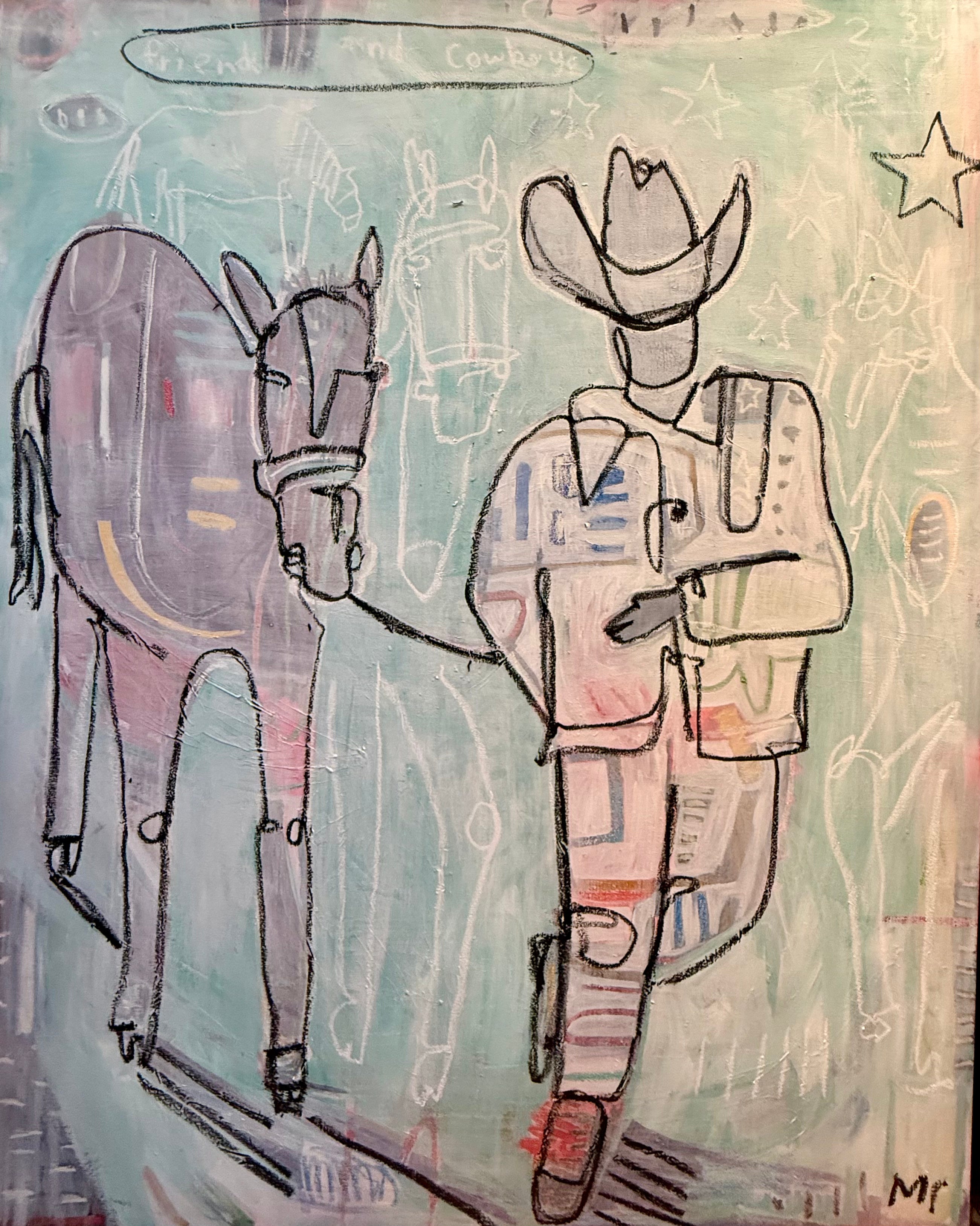 Equestrian Artwork showing a rider standing beside a horse in an expressive contemporary Western scene.