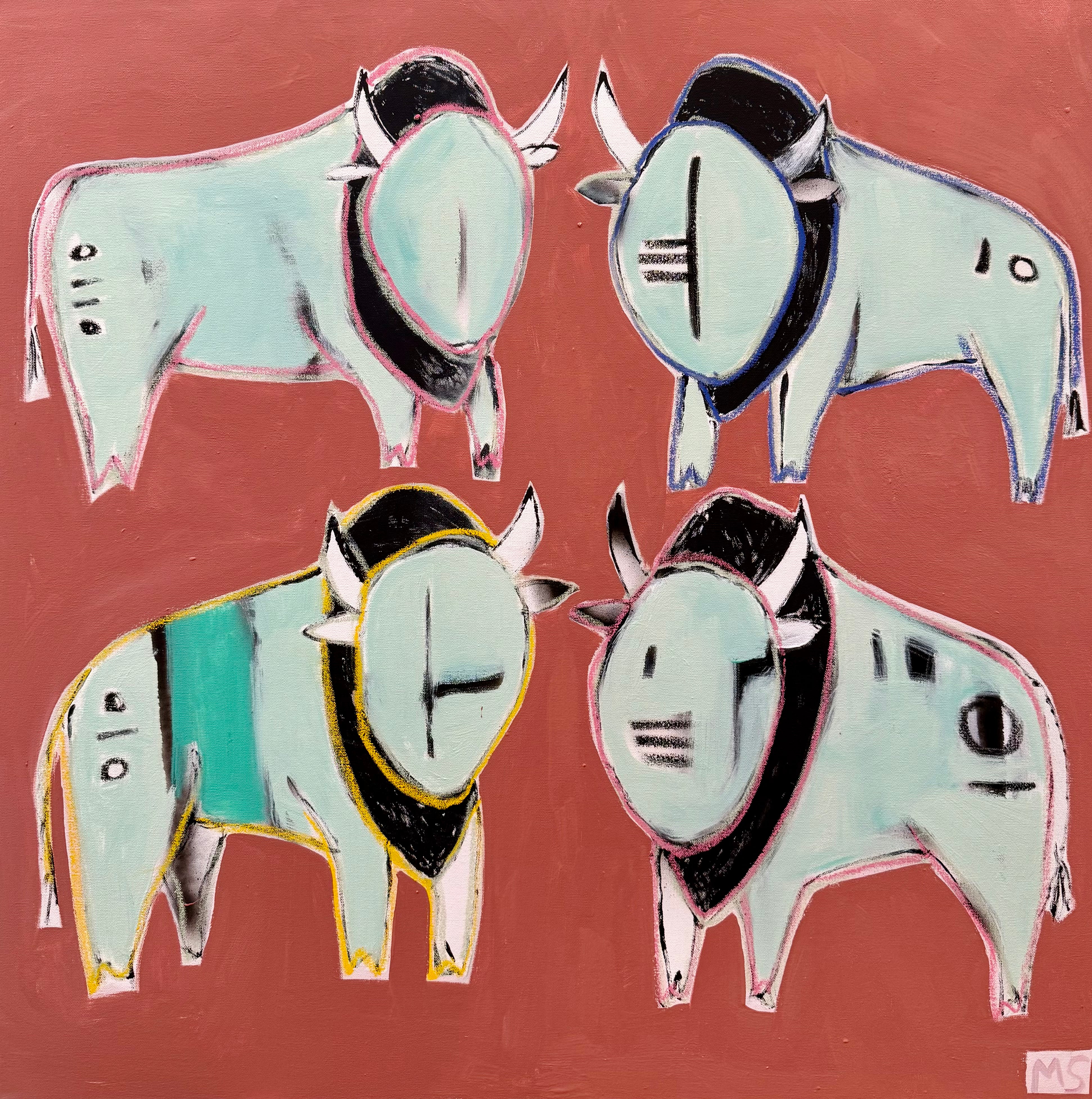 wild life art featuring four stylized bulls with different color accents on a red background.