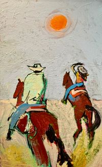  horse rider art featuring two cowboys riders on horseback in an open landscape.