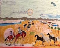 cowboy canvas art featuring horses and riders against an open landscape with a sunset.