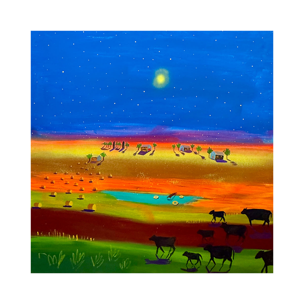 scenery print with horses, open fields and a glowing moon beneath a blue night sky.