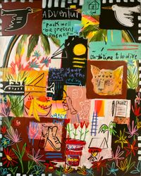  abstract wall framed featuring various symbols and text on canvas.