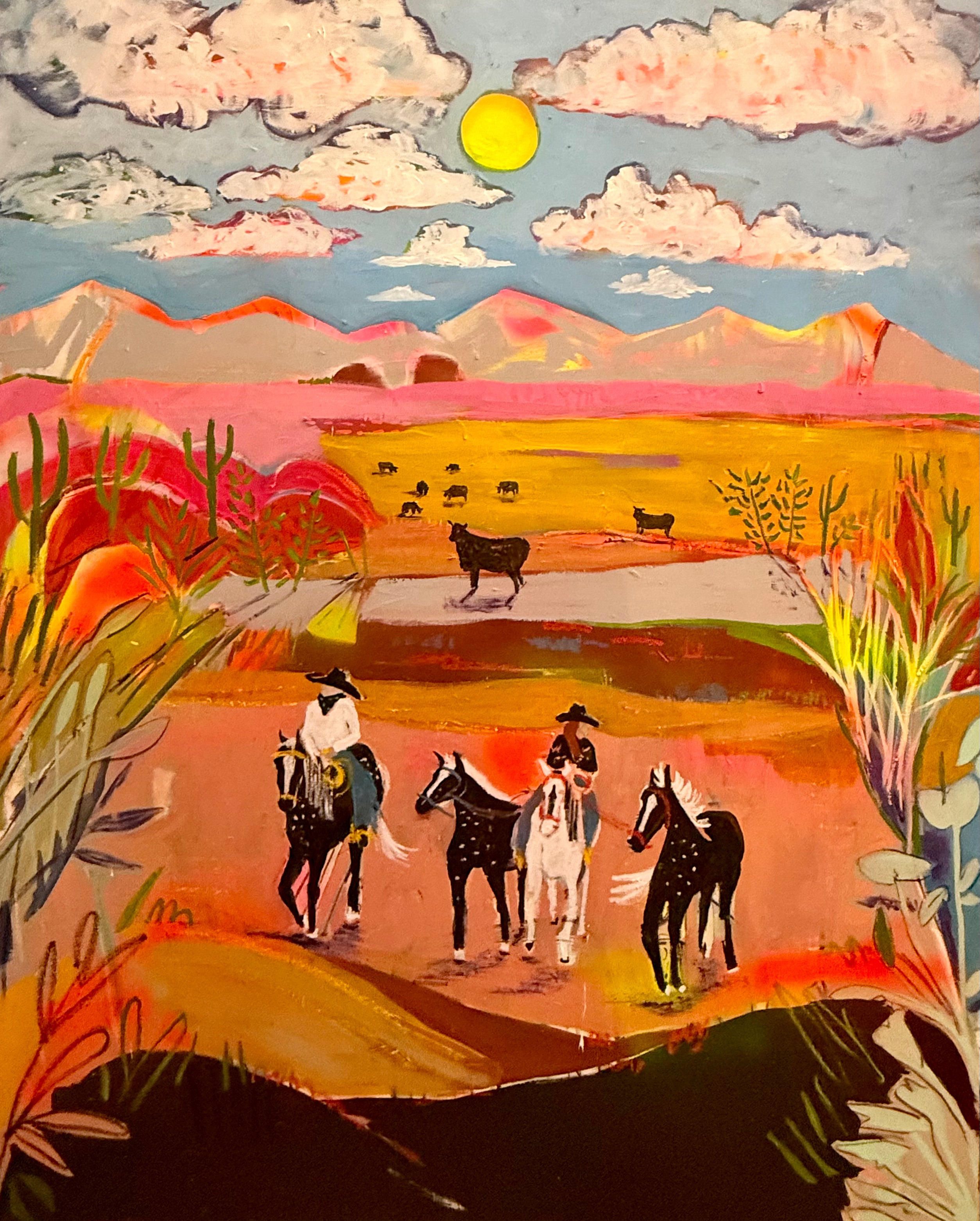 Original Western painting of cattle, horseback ride.rs and a ranch landscape.