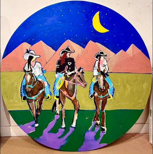  cowboy on horse painting features  three Western riders on horseback beneath a crescent moon and mountains.