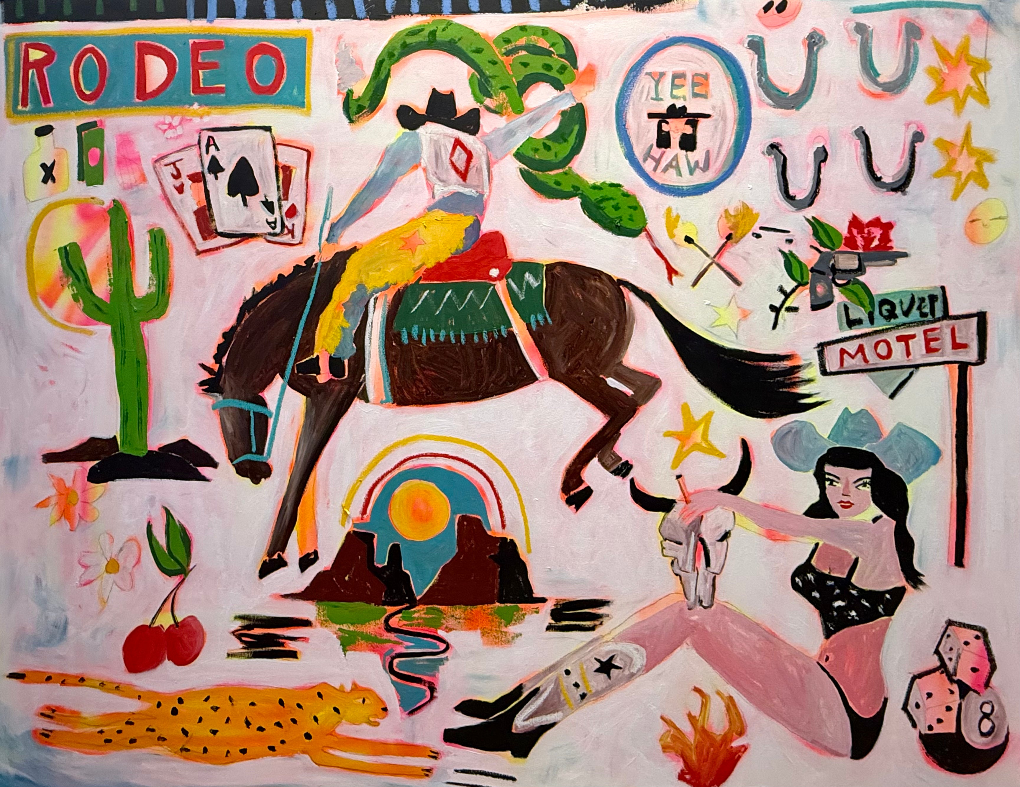 Colorful artwork with a cowboy on a horse, cacti, and various symbols.