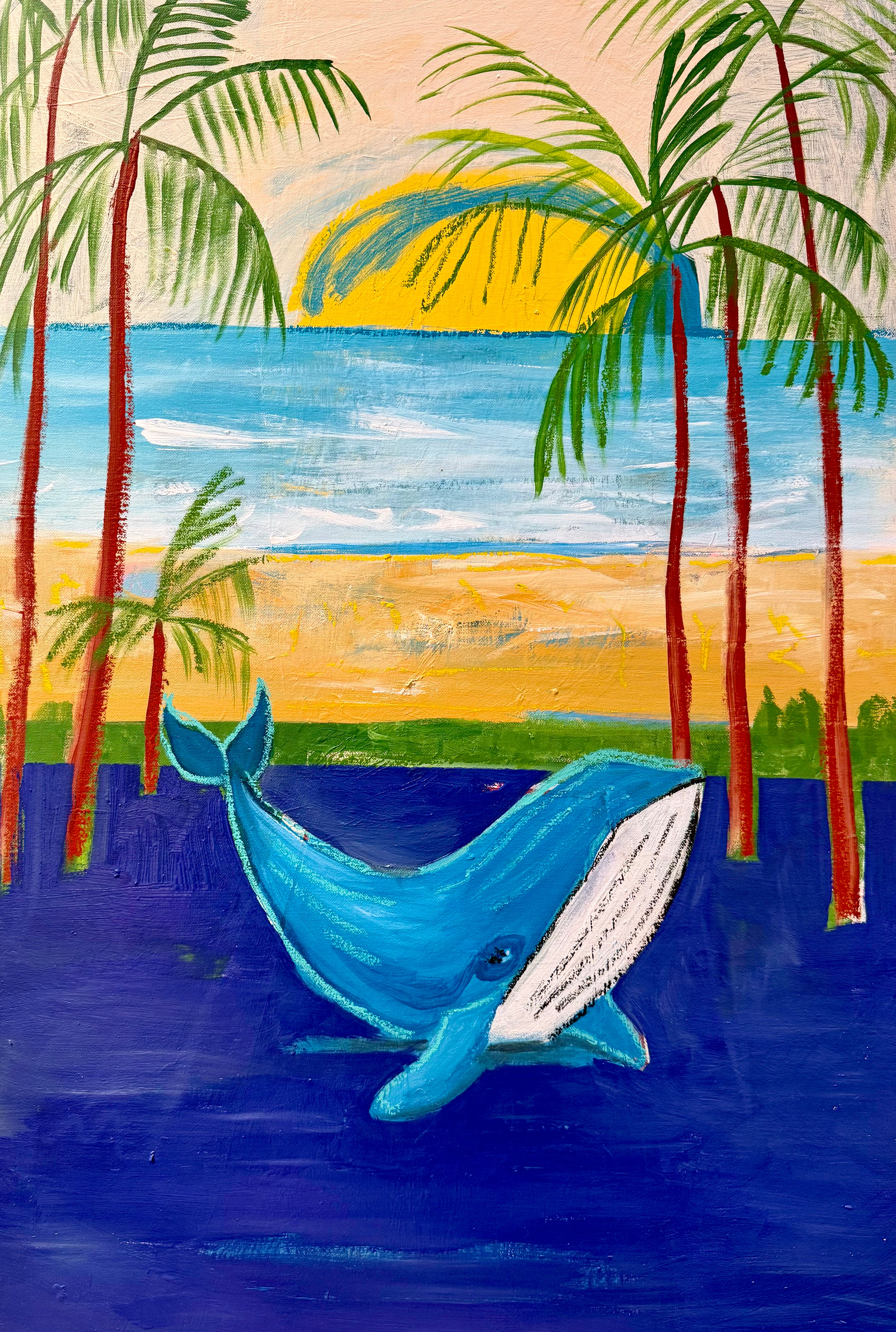 Coastal wall art of a whale in water with palm trees and a sunset in the background