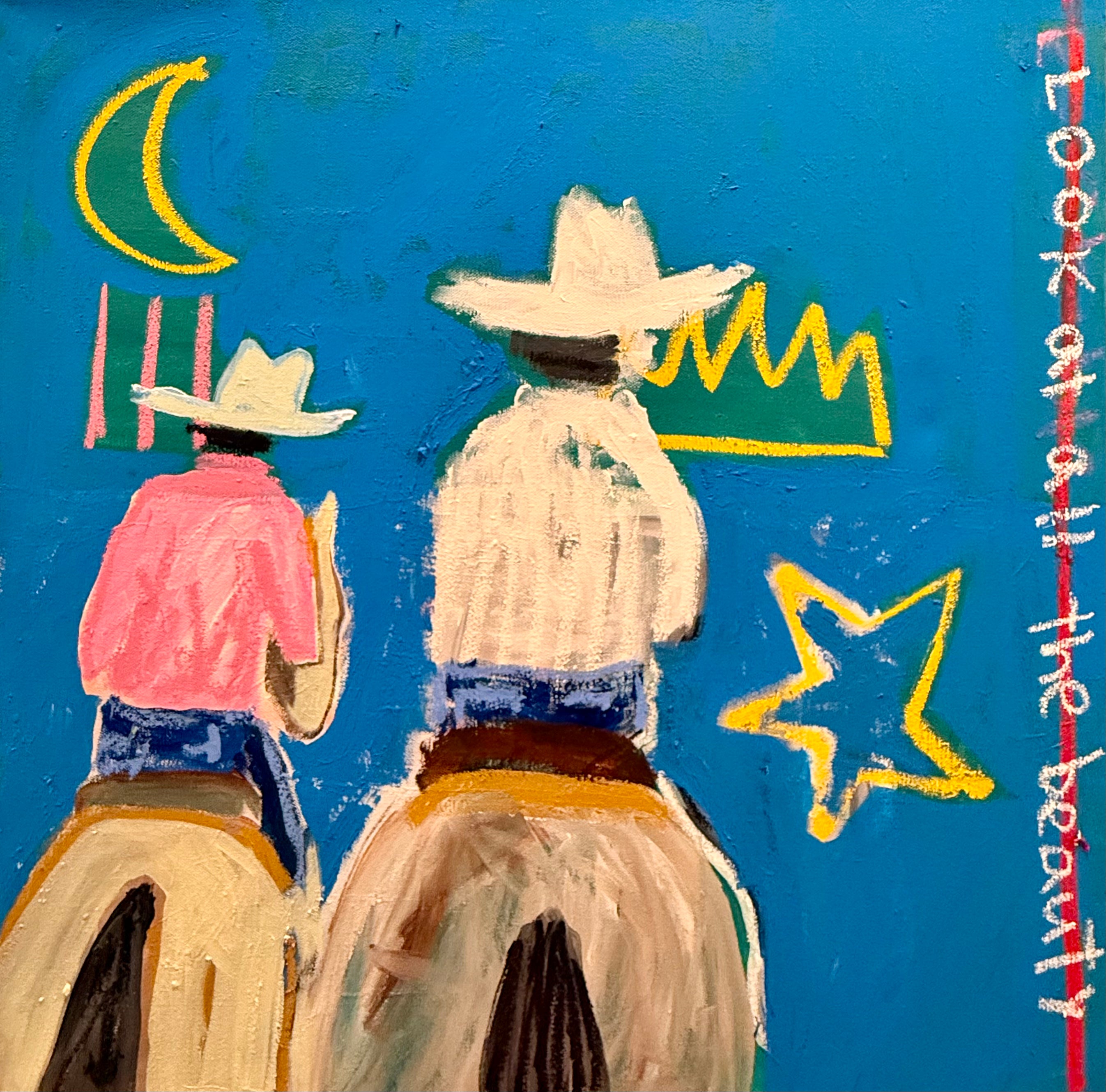 Two Western riders on horseback beneath a crescent moon and star in a blue canvas painting.