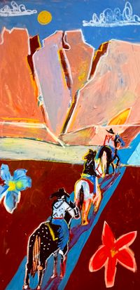 Colorful contemporary landscape painting with mountains, blue sky, expressive figures and red flowers.