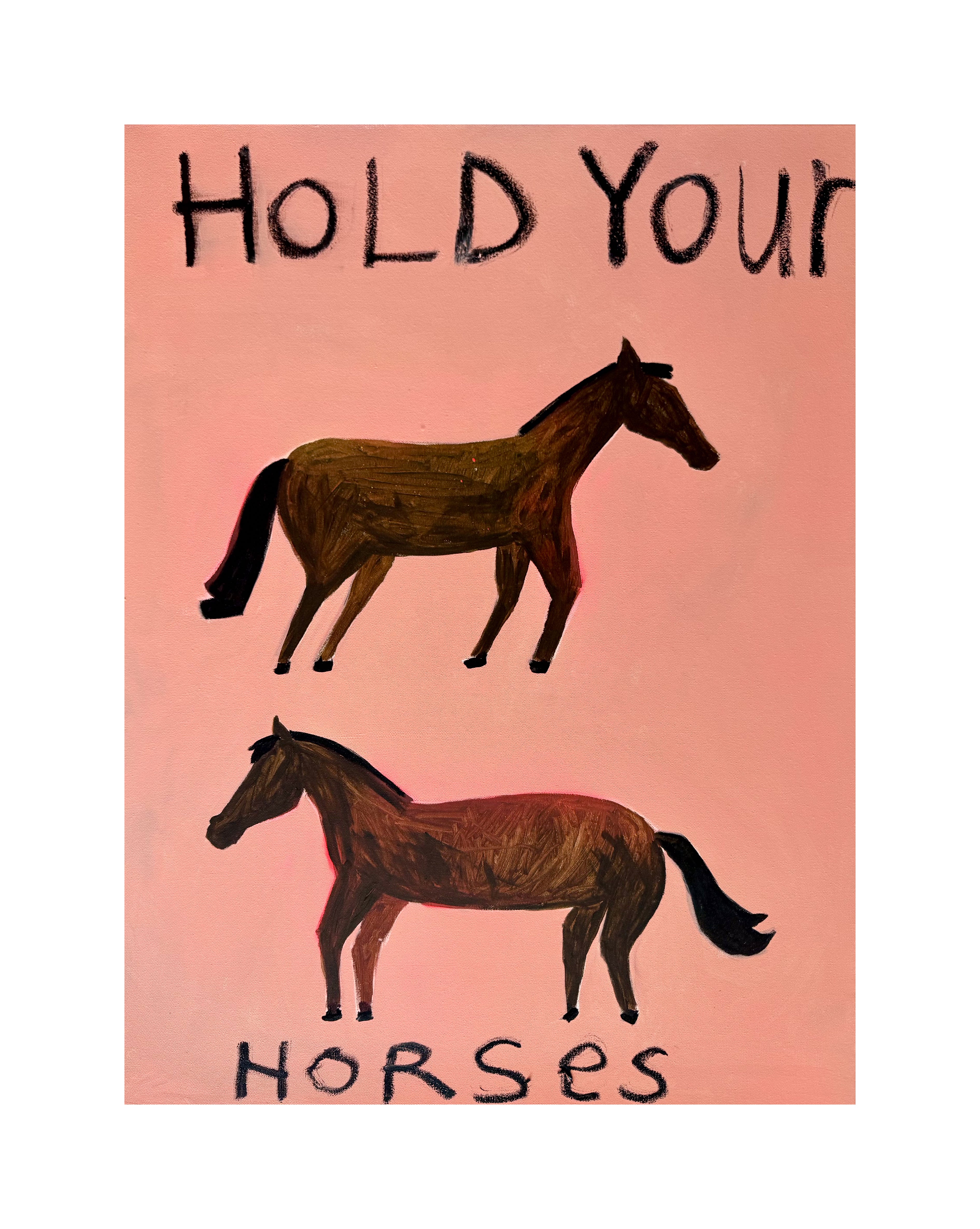 animal art print featuring two horses on a pink background.