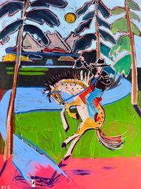 A colorful abstract painting featuring a horse in a natural outdoor setting with trees and a blue sky.