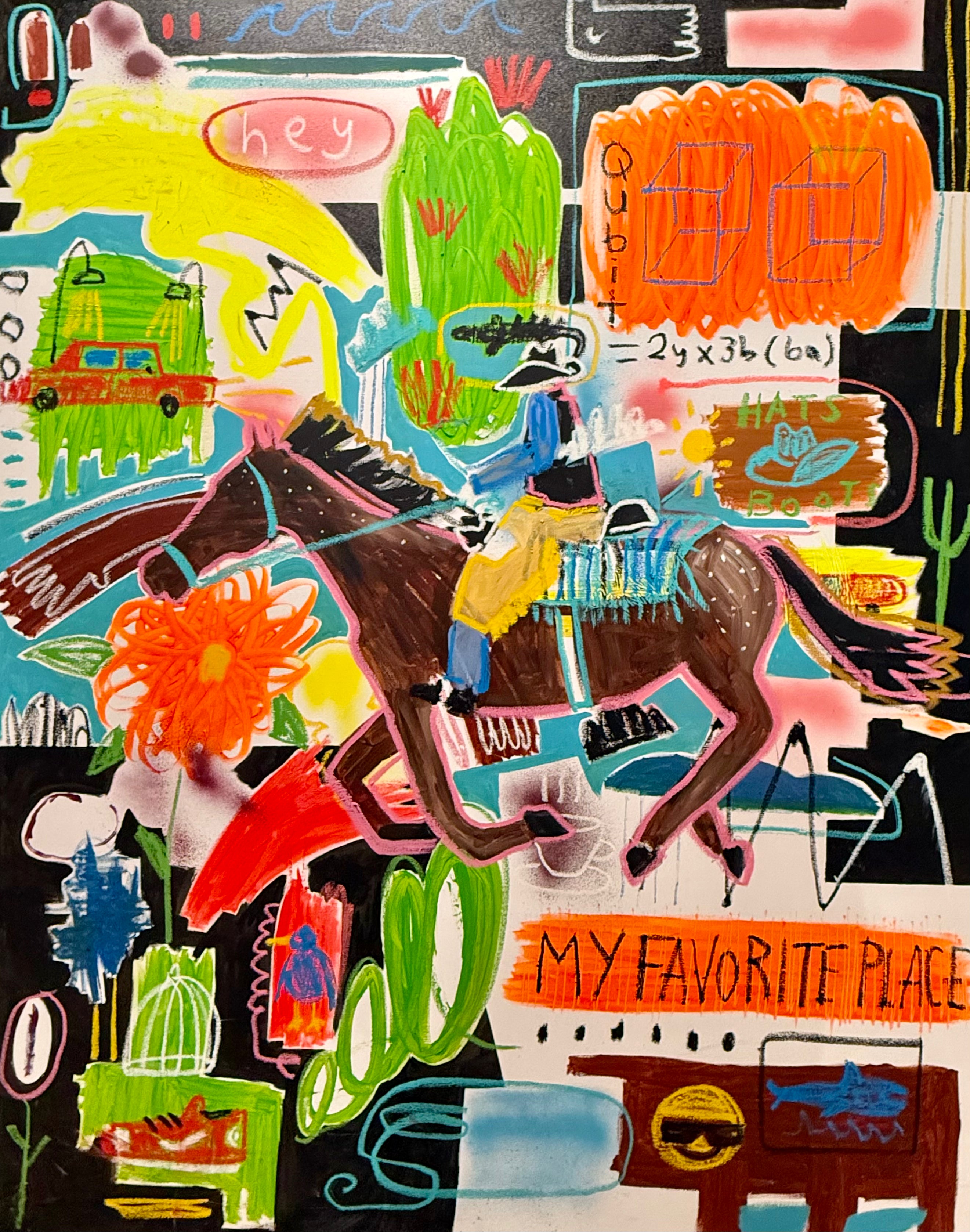 eclectic wall art with a central horse figure, handwritten words, and layered marks.